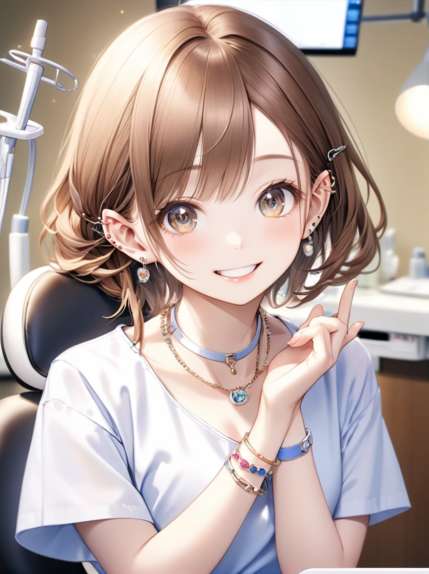 (Highest quality, 8k, 32K, masterpiece, Ultra-high resolution,:1.2),to be born, One Girl,So cute ,dentistのような電子世界のようなファンタジー背景, clear, Shining Eyes, Age 25 ,Fair skin, Brown-haired girl, dentist, An innocent smile, Pierced ears sparkle, An elegant necklace adorns her slender neck., Rings and bracelets decorate the fingers.,Dental assistant,