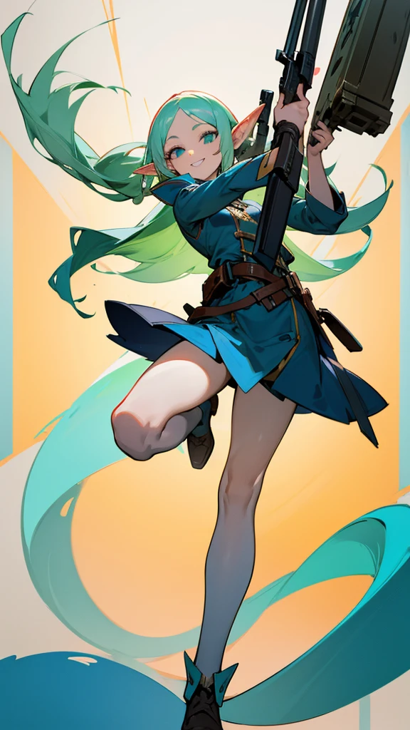 Elf girl holding a gun、Are standing、whole body、Cheerful pose、I raised one leg、Long Hair