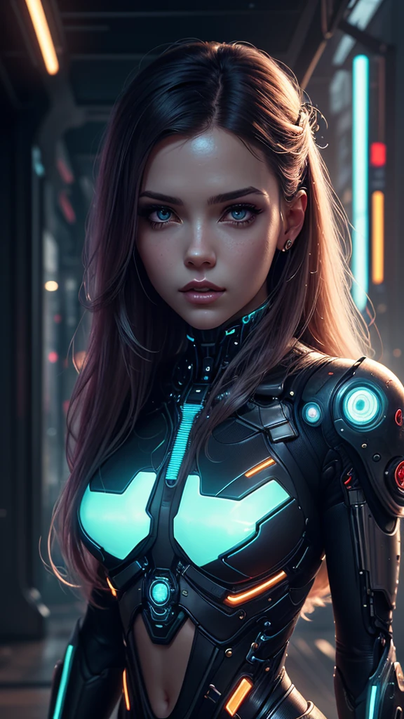 a woman with long hair and a futuristic outfit, portrait beautiful sci - fi girl, dreamy cyberpunk girl, beutiful girl cyborg, 4k highly detailed digital art, beautiful digital artwork, wlop. scifi, beautiful cyberpunk girl face, cyborg girl, cyborg - girl, 4k detailed digital art, cute cyborg girl, artgerm julie bell beeple