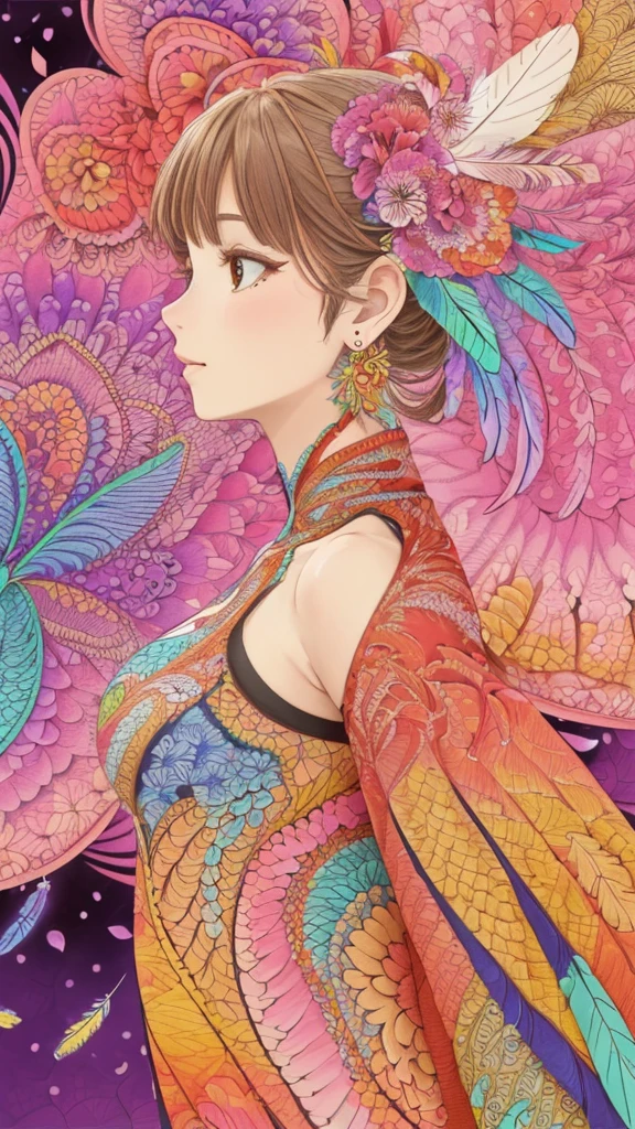 (1girl, solo, from side), extremely detailed, (abstract background, zentangle, fractal art:1.3), (many colors, colorful:1.1), (feathers, petals, flowers:1.3), dynamic pose, earrings 