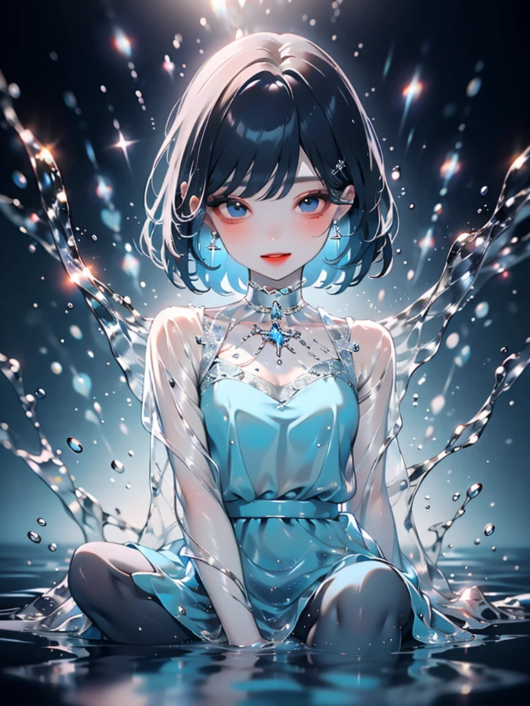 (fluid art),(master piece),(8k anime),high quality,(perfect anatomy),(small breasts),(1 beautiful girl),(solo),long silver hair,pale skin,smile,beautiful detailed blue eyes, (Highly detailed elegant),(see-through dress),((transparent dress)),((transparent skirt)),(wet dress), Magical colors and atmosphere, Detailed skin,(cute sparkle), light particles,The background is soft and blurry,Add a dramatic and symbolic element to your scene, Depth of written boundary, Bokeh, Silky to the touch, Hyper Detail,girl is sitting on the water,beautiful blue water,create an ethereal atmosphere like a dream,film lighting,cowboy shot