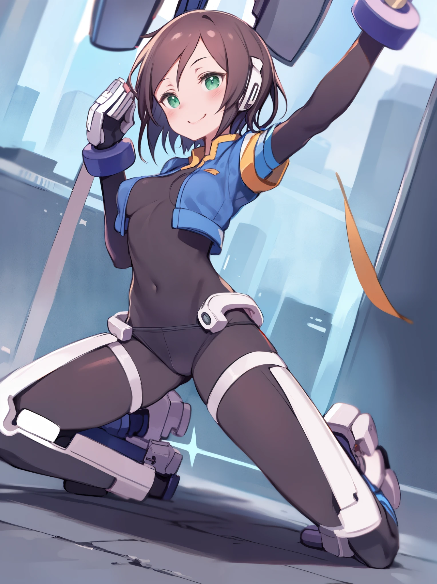 aile_megamanzx, 1girl, solo, long hair, ponytail, brown hair, short sleeves, bodysuit, robot ears, green eyes, shorts, short sleeves, short over long sleeves, smile, masterpiece, high quality,