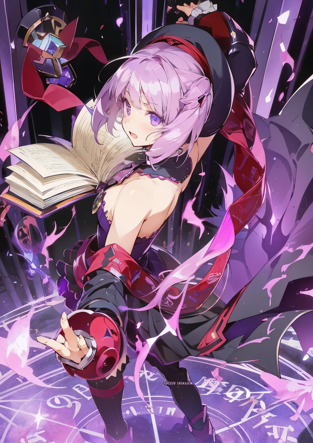 A woman in purple clothes holds a book and a, , Shadow Poem Style Alchemy Girl, Holy Necromancer Girl, Devil anime girl, Light novel cover, Ink art animation , Gothic girl anime girl