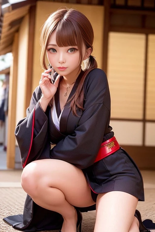 (Samurai clothing、Samurai Costume、Samurai Cosplay、Samurai uniform、長いknife)、1 girl、Bob Hair、Side Ponytail、Medium breast、Tight face、masterpiece:1.3、Raw photo、Highest quality、Detailed Images、Detailed Background、Shot to the knee、knife、
