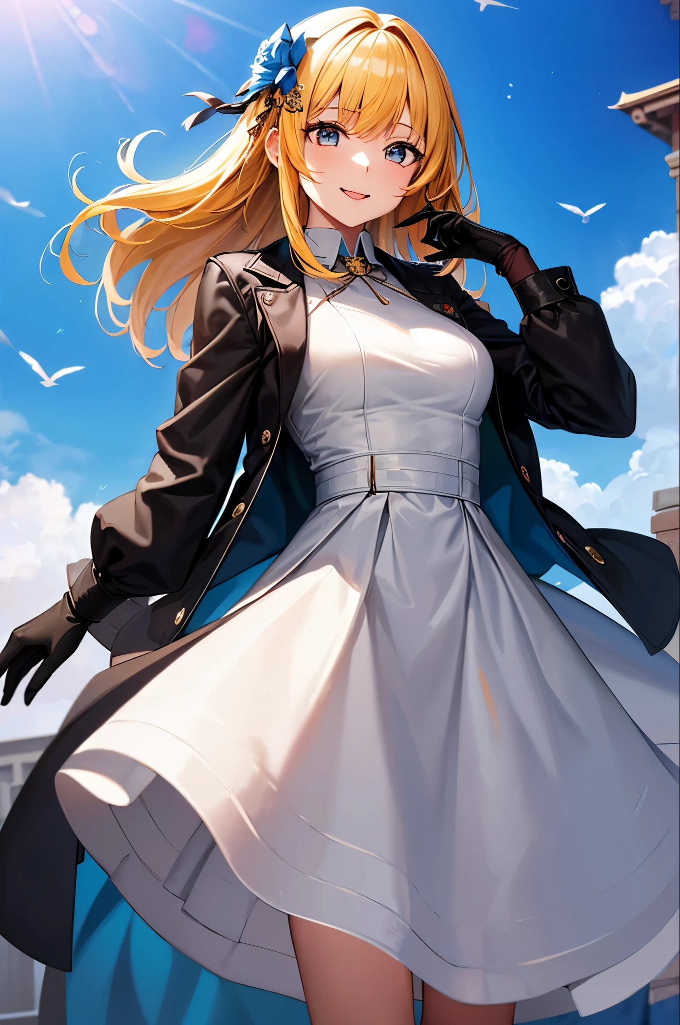 ((masterpiece,Highest quality)),One girl,alone, Bright yellow hair, alone, dress, Detail Eyes, View your viewers, Long sleeve, Are standing, white dress, gloves,hair ornaments, Black jacket, smile, Floating Hair, Dutch Angle, Mouth closed, avert your eyes, (Center Parks),Cloudy, blue sky, warm color,