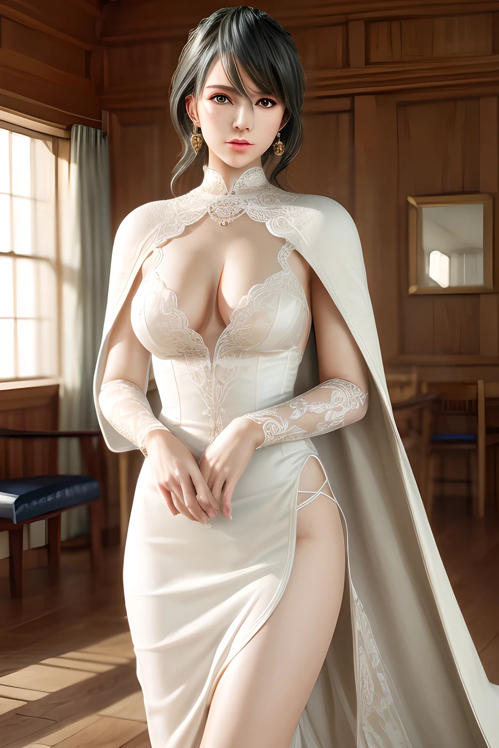 A lady with extraordinary temperament, she stands in a modern indoor space, as if she is a model from a fashion magazine. She is wearing a (pure white long fur cape), the softness and luster of which makes her look more noble under the light, and complements her (beige dress) underneath, showing her gentle temperament while maintaining a sense of fashion. The style of the dress is simple and generous, a perfect match, and it lengthens her figure, making her tall and charming. The lady's makeup is delicate and elegant, which just highlights her facial features and makes people unforgettable at first sight. Although the earrings and necklace she wears are not ostentatious, they add a bit of sophistication and nobility to her overall look. Her hair is casually draped over her shoulders, and every strand of hair exudes a natural luster,, (best quality,8k,highres,masterpiece:1.2),ultra-detailed,(realistic,photorealistic,photo-realistic:1.37),studio lighting,ultra-fine painting,sharp focus,physically-based rendering,extreme detail description,professional,vivid colors