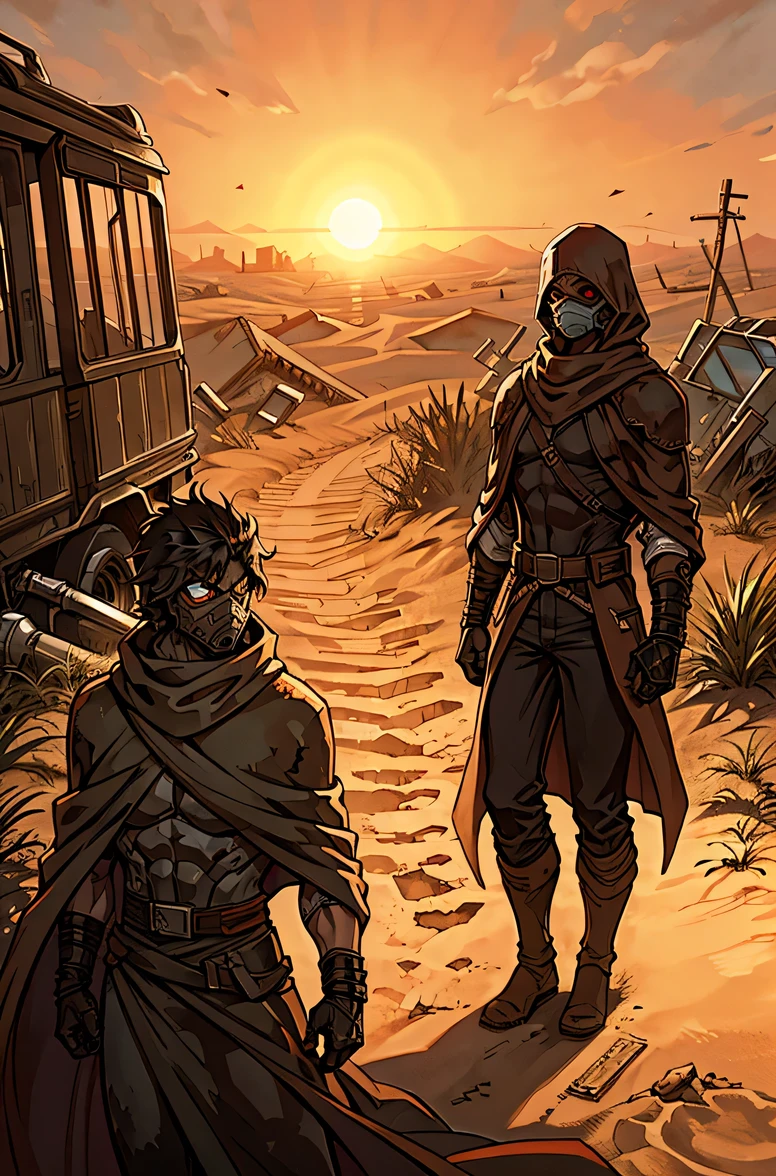 A human runner draped in a camouflaged cloak, their breathing mask glowing faintly as they navigate a sun-bleached wasteland. The runner stands next to a rusted, half-buried vehicle, its broken windows and corroded metal giving way to the relentless desert sands. The ruins of a once-thriving city stretch out in the background, half-swallowed by the encroaching dunes.