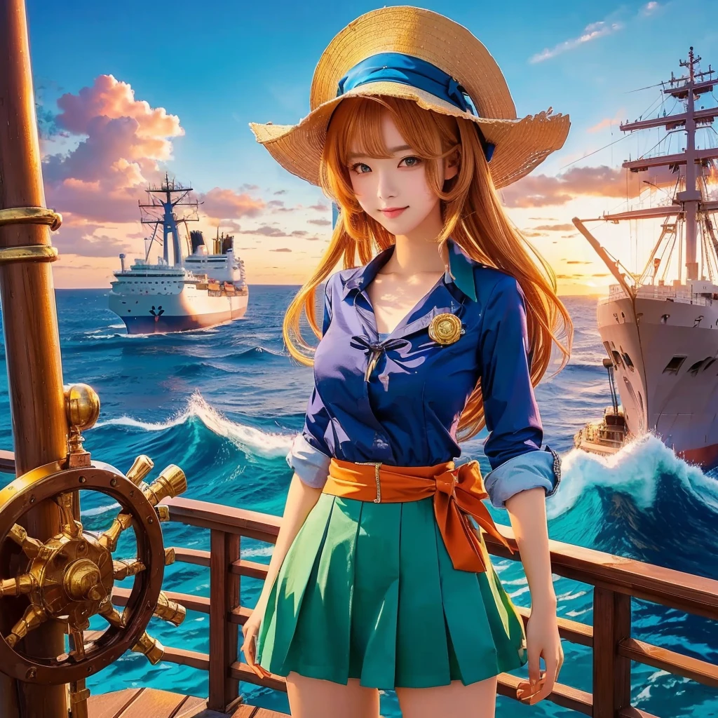 anime girl standing on a deck with a ship in the background