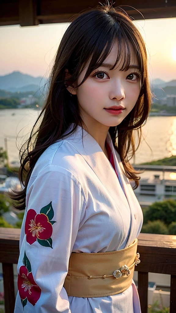 1girl,(wearing a gorgeous floral pattern kimono:1.2),(RAW photo, best quality), (realistic, photo-realistic:1.4), masterpiece, an extremely delicate and beautiful, extremely detailed, 2k wallpaper, Amazing, finely detail, extremely detailed CG unity 8k wallpaper, ultra-detailed, highres, soft light, beautiful detailed girl, extremely detailed eyes and face, beautiful detailed nose, beautiful detailed eyes,cinematic lighting,on a mountain top,sunrise,new year sunrise,perfect anatomy,slender body,
