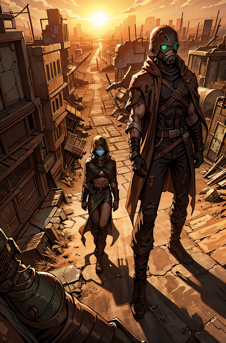 A human runner draped in a camouflaged cloak, their breathing mask glowing faintly as they navigate a sun-bleached wasteland. The runner stands next to a rusted, half-buried vehicle, its broken windows and corroded metal giving way to the relentless desert sands. The ruins of a once-thriving city stretch out in the background, half-swallowed by the encroaching dunes.