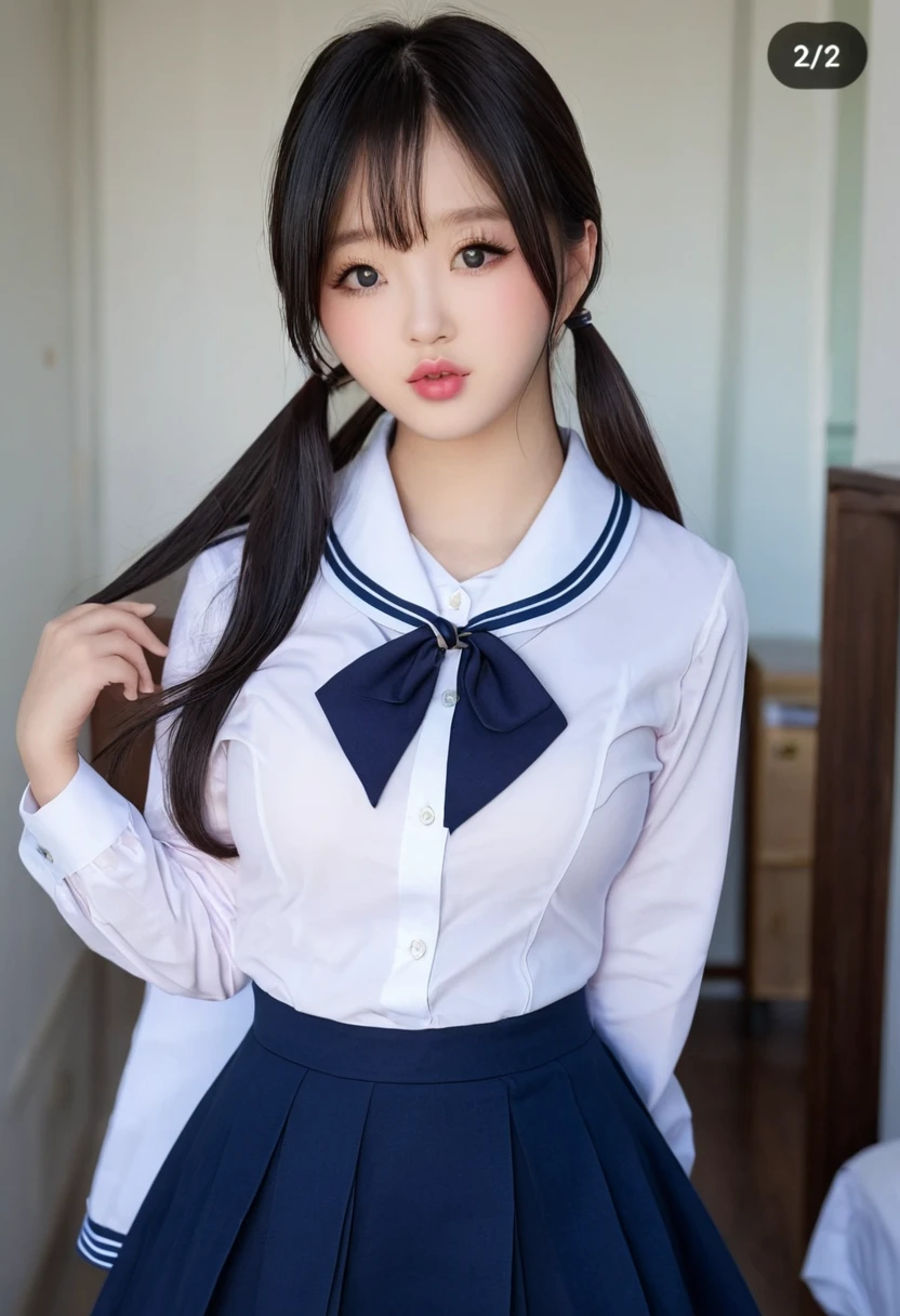 ((high quality:1.2)), (8k), extremely detailed, ((High detail:1.2)), ((best resolution:1.4)), Solo, 18 years old pretty perfect Korean Ulzzang young, ((school uniform)), (round breasts),