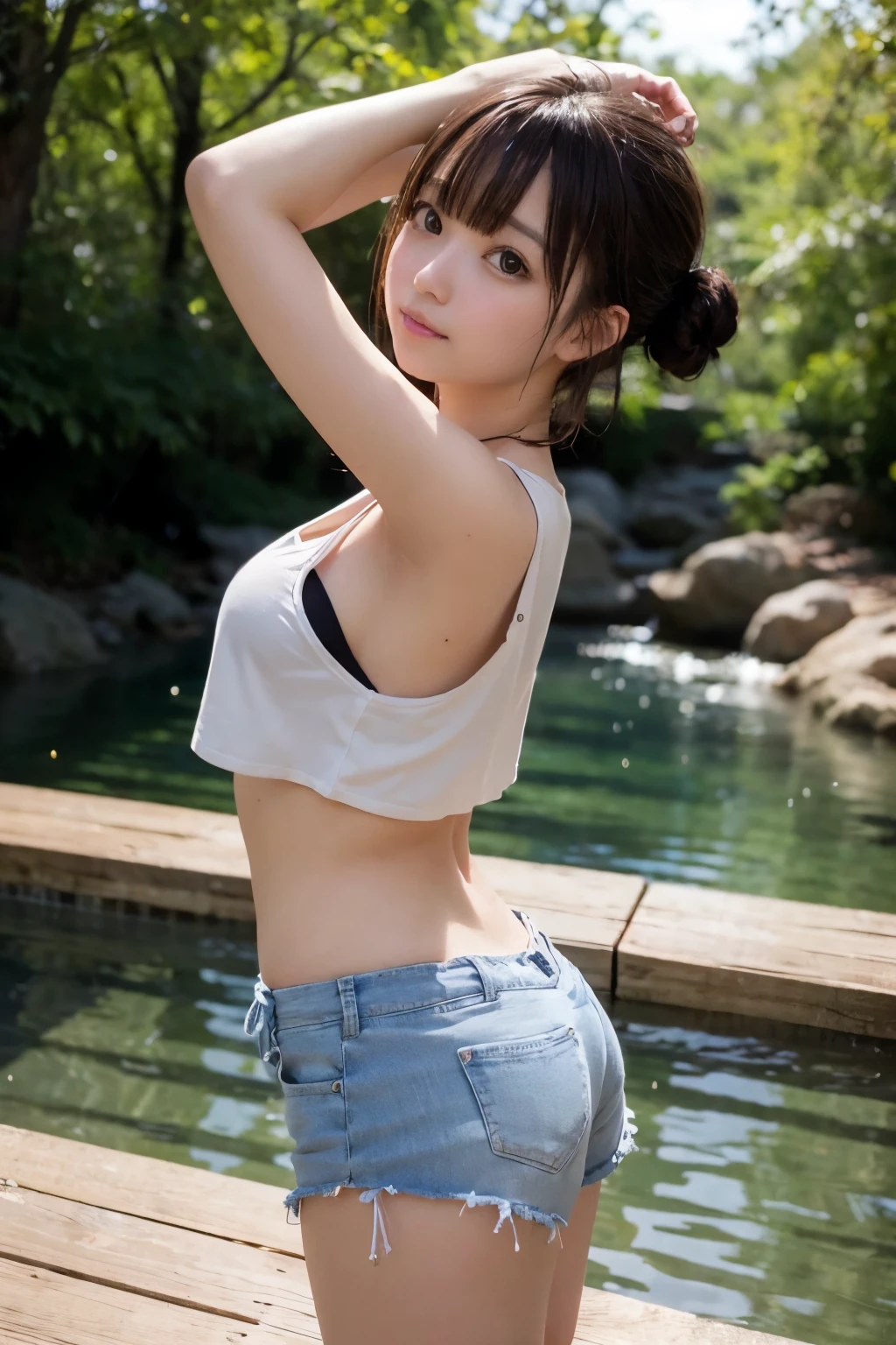 8K, RAW Photo, Best Quality, Masterpiece, Realistic, PhotoRealistic, Extremely Detailed 8K Wallpaper, Beautifully Detailed Eyes, Finely Detailed Face, BREAK Rim Lighting, Professional Lighting,  BREAK Only Riverscape Background, BREAK Perfectly Anatomically Correct:1.4, 5 Beautiful Finger:1.4, BREAK 1 Girl, (Very Short Hair Bun:1.1), Japanese, Captivating Eye Reflections, Wide-Set Eyes, [Tareme], Very White Skinned, Blush, Embarrassed, 17-Year-Old, Brown Hair, Wet Hair:1.1, Messy Hair, Open Mouse, [Pouted Cheek], Happy Smiling, Skindantation:1.0, (Arms Up:1.4), (Showing off Buttocks, Medium ASS Upturned, Beautiful Spherical Shape Buttocks, Medium Breasts), Looking Back Viewer, (Looking Up Viewer), (Wearing SHIMAMURA Cropped Top + SHIMAMURA Very Short Shorts), [from Side:1.1, from Behind:1.1], BREAK SFW:1.0, BREAK Eye Focus, Dynamic Angle, Feet Out of Frame, (Soft Saturation, Soft Contrast), Bokeh:1.2