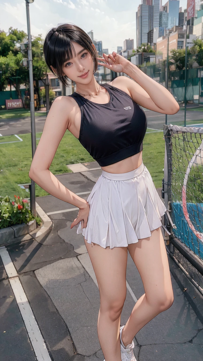 (highest quality, masterpiece:), ultra-high resolution, night, in the pub, Korea photo model, young and beautiful gravure idol, 23 years old, tight, wearing a tennis outfit, high leg, gigantic breasts, puffy nipple:1.4, skinny, bangs, short hair, bob cut, black hair, one length, earrings, beauty, victory smile, mature woman, please face forward and look at the camera, skirt lift, show off panties,