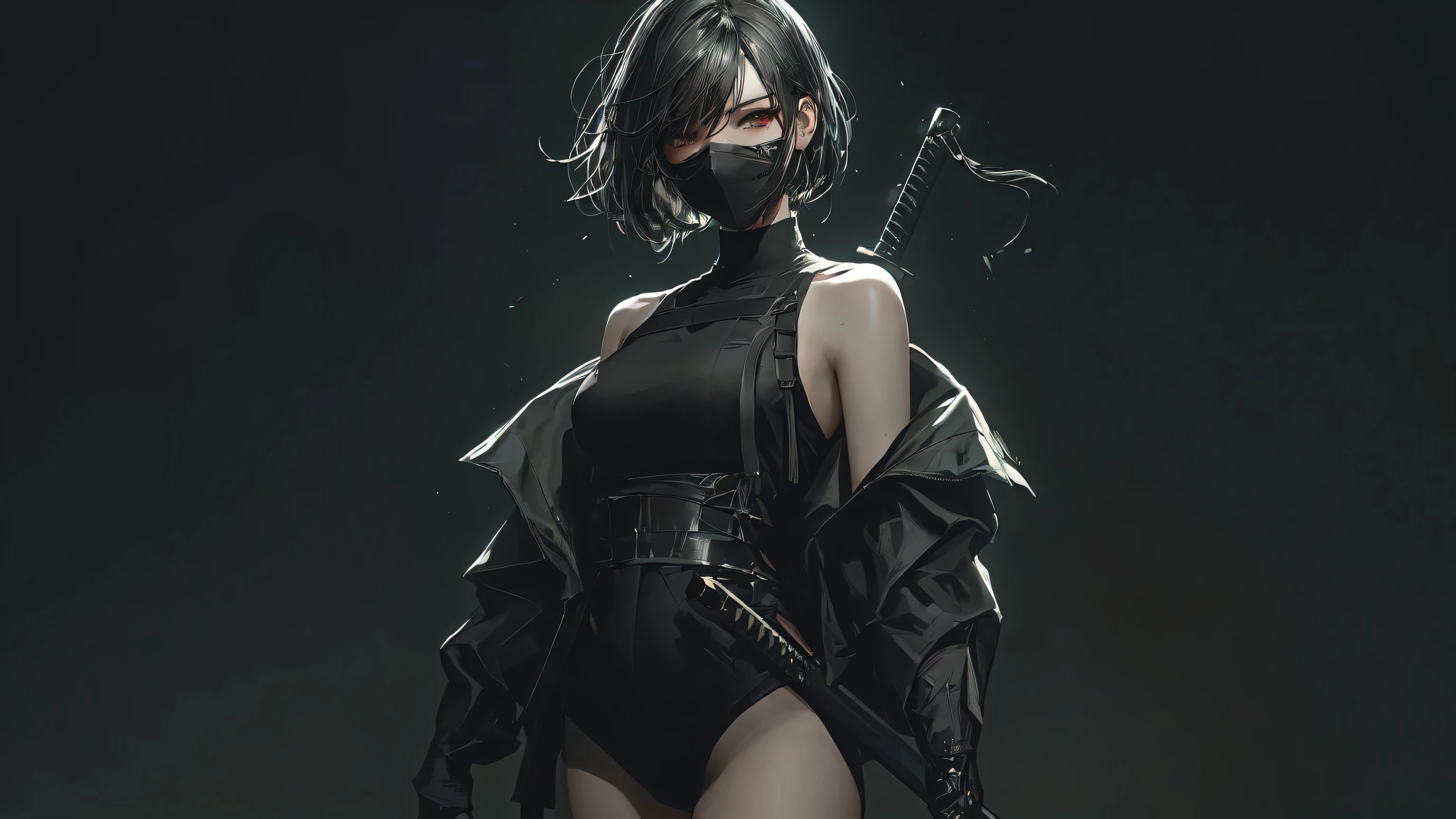 anime girl in black outfit with sword and mask on dark background, badass anime 8 k, guweiz on artstation pixiv, artwork in the style of guweiz, fanart best artstation, guweiz on pixiv artstation, best anime 4k konachan wallpaper, by Yang J, artgerm and atey ghailan