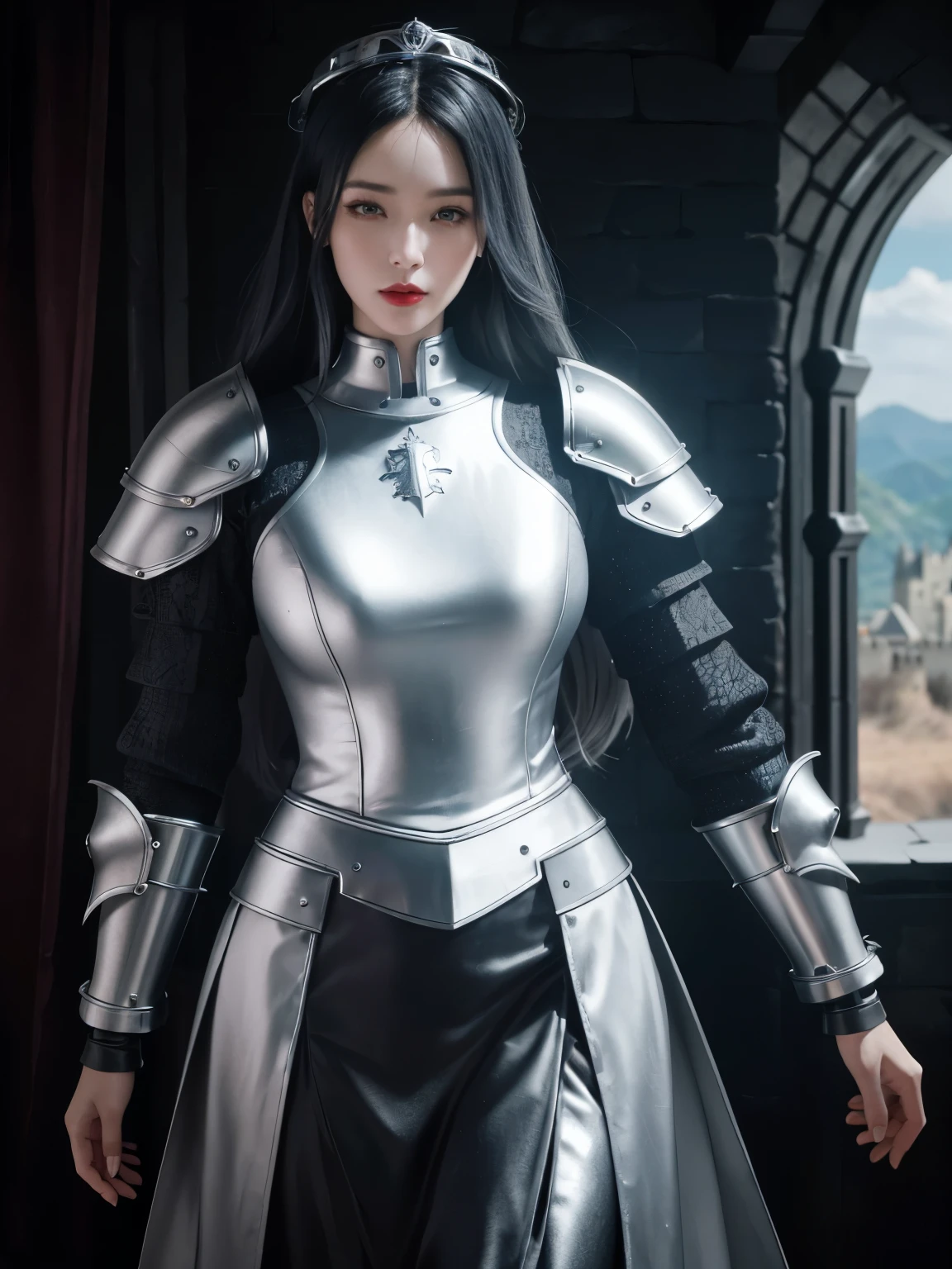 masterpiece, best quality, high resolution, 8k, portrait, realistic photo,( Combination of clothing and Korean fashion design),digital photography, full body woman love, 1 -yeld gi (cyborg), Beautiful blue-gray gradient long hair, blue eyes, complicated, elegant, very detailed, Crown, black skirt, ,silver metal exoskeleton armor, complicated knightly hollow armor,Power Armor, openwork design, machine structure, Photo Pose, solemn,, red lips, ~at《final fantasy 15》.metallic feel, oc rendering,Reflective textures, ((clothing tailoring)), ((Set against the backdrop of the castle and the mighty Moster))