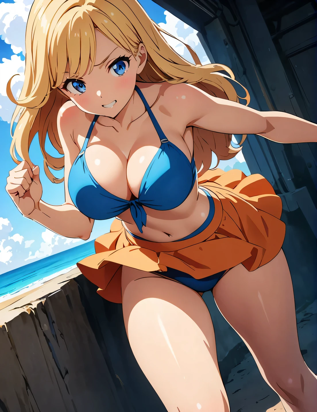 (Anime artwork, Anime Style, Studio Anime, Very detailed, Latest, Vibrant, Anime Coloring, High Contrast, masterpiece:1.2, Highest quality, Best aesthetics),2 Girls,Hug from behind,Swimwear, Mid-chest, Thighs glimpsed,Random Hair, One eye is hidden by bangs, Perfect Proportions, Skin with attention to detail, cute, Detailed face,Beach, Accurate Fingers,Panty shot ,Cat Fight Battle,Curvy, Large Breasts,