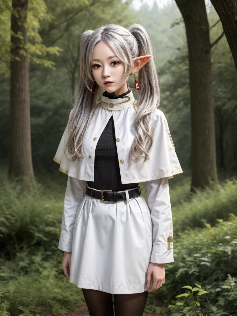 masterpiece, best quality, absurdres, 1girl, solo, FrierenBase, long hair, twintails, earrings, white capelet, striped shirt, horizontal stripes, long sleeves, belt, white skirt, gold-trim, black pantyhose, arms behind back, outdoors, forest, 