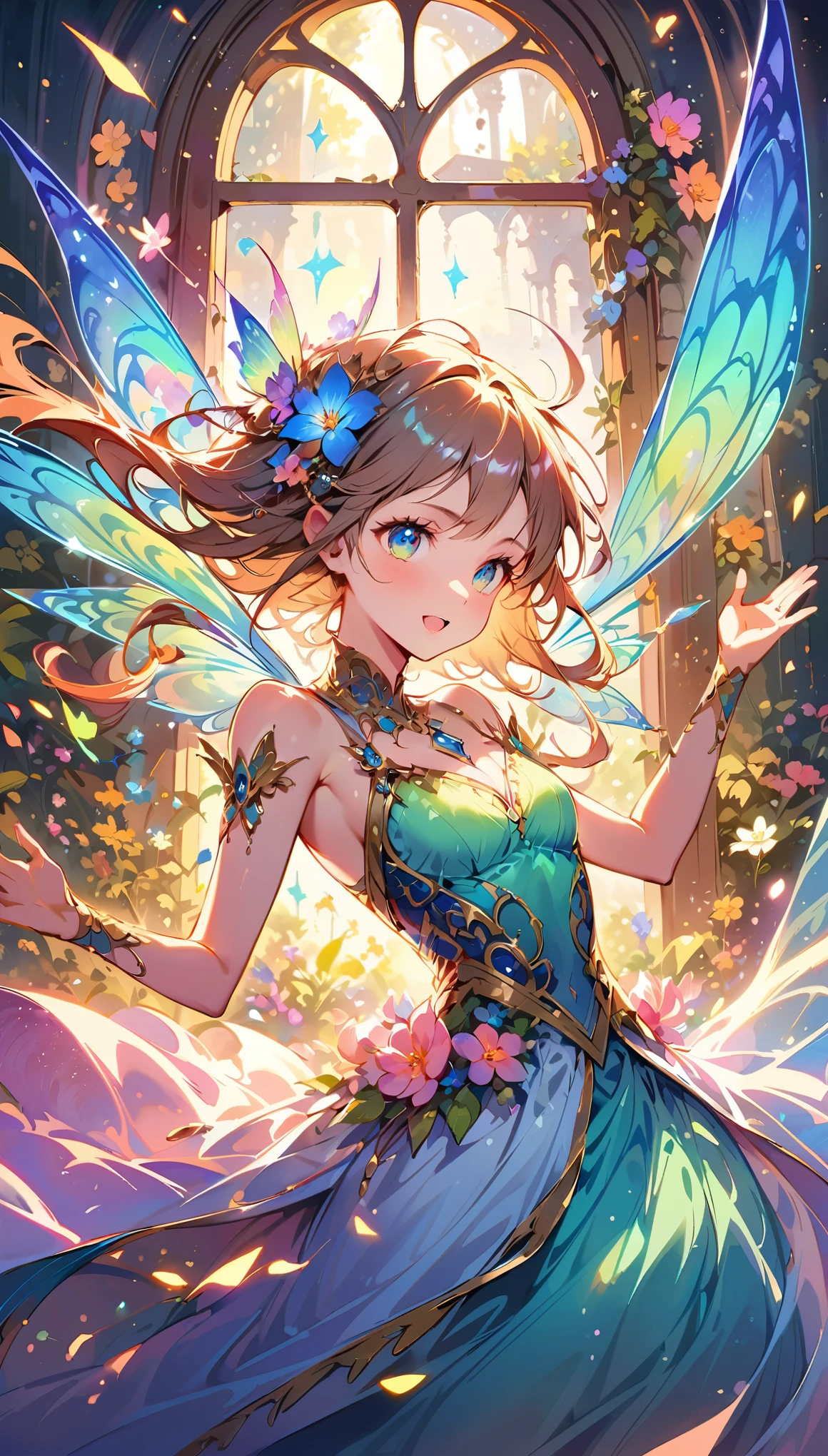 Dancing Fairies, ((Strange creatures outside your window, Focus on dancing fairies and flowers:1.2)), Beautiful detailed eyes, Beautiful detailed lips, Highly detailed faces and features, Long eyelashes, Shiny fairy wings, fairy dance:1.4, Dance Motion, ((A window to another world, Only the outside of the window connects to another world)), A safe space, A one-way window connecting the world, Powerful strokes, Excited state, strength, Impact, energy,