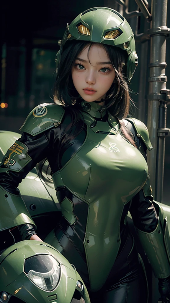 Highest image quality, outstanding details, ultra-high resolution, (realism: 1.4), the best illustration, favor details, highly condensed 1girl, with a delicate and beautiful face, dressed in a black and green mecha, wearing a mecha helmet, holding a directional controller, riding on a motorcycle, the background is a high-tech lighting scene of the future city.