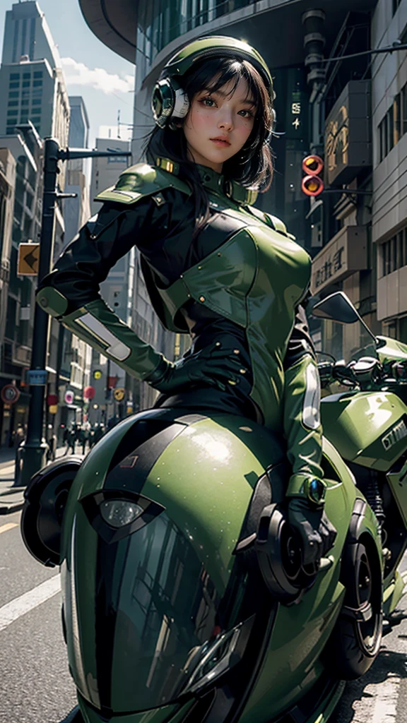 Highest image quality, outstanding details, ultra-high resolution, (realism: 1.4), the best illustration, favor details, highly condensed 1girl, with a delicate and beautiful face, dressed in a black and green mecha, wearing a mecha helmet, holding a directional controller, riding on a motorcycle, the background is a high-tech lighting scene of the future city.