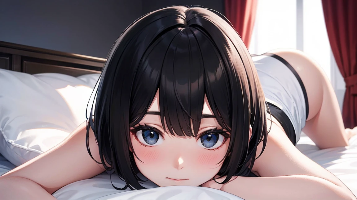 A 45 year old mature woman lies on her back on the bed。The woman has short black bob hair.、She has huge breasts。It's a dark room。This is a very high resolution image.。