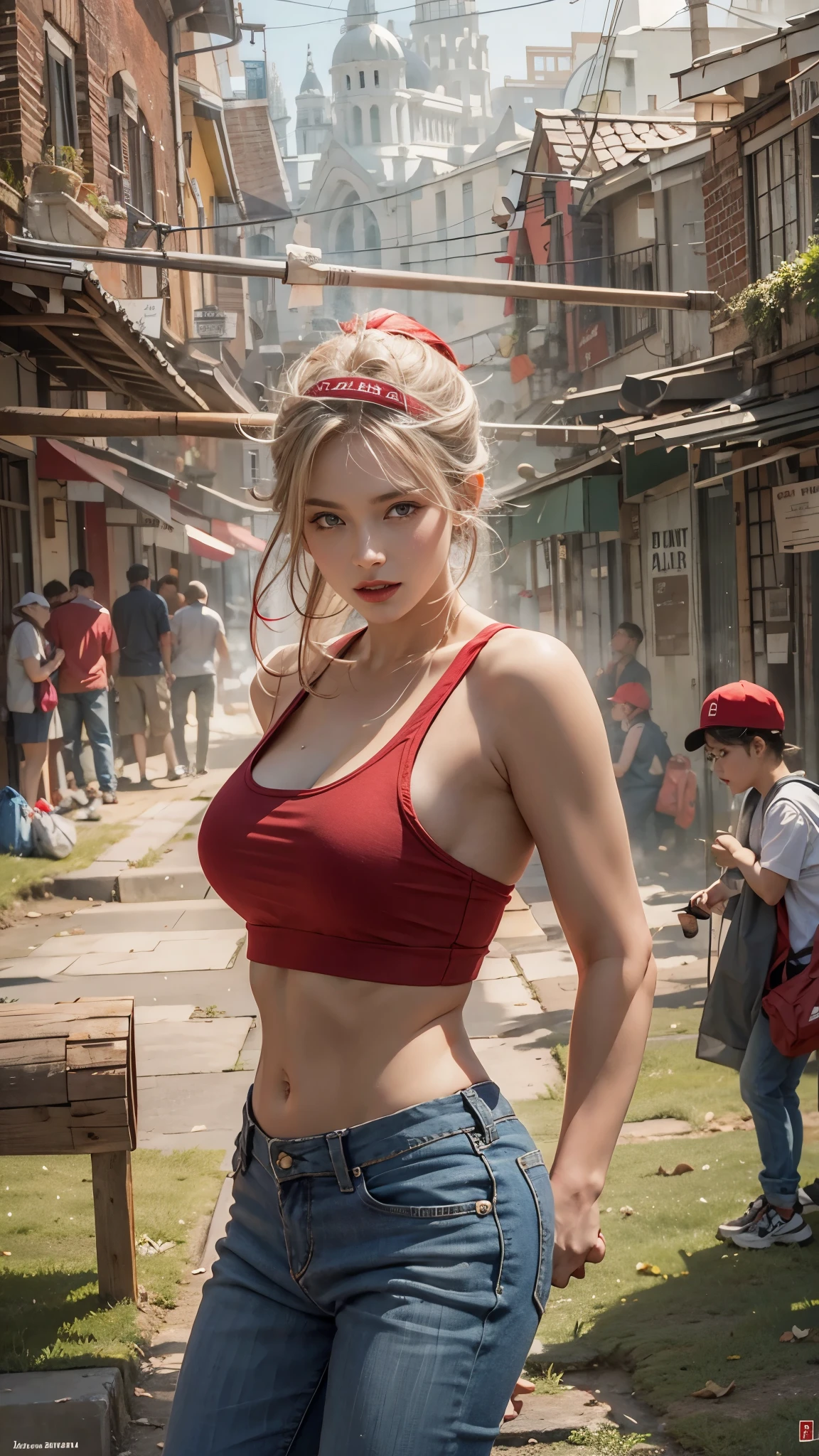 The red cap is pulled down so low that it's hard to see his face.、She has long, waist-length blonde hair tied back.、Stadium jumper、Ripped long jeans、White tank top、Extremely realistic and detailed image quality、Bust size 40 inchesMcup、Super big breasts、Tight waist、Super beautiful woman、Her tank top is wet with sweat and her erect nipples are visible through it.、Both have clenched fists and are in boxing stance、Right before a fight in an American slum、Closed Mouth