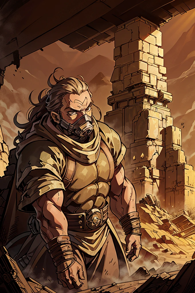 A dwarf runner in heavy desert attire, with a reinforced cloak and a complex breathing apparatus that filters the dusty air. The dwarf surveys a barren, post-apocalyptic landscape from a shattered city wall, where the remains of ancient machinery and fallen towers lie in twisted heaps, slowly being reclaimed by the desert. The sun hangs low, casting long shadows over the desolate ruins.