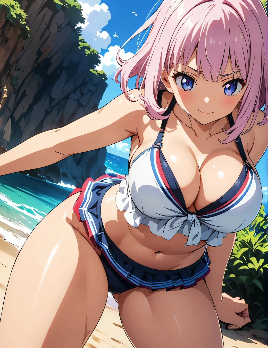(Anime artwork, Anime Style, Studio Anime, Very detailed, Latest, Vibrant, Anime Coloring, High Contrast, masterpiece:1.2, Highest quality, Best aesthetics),2 Girls,Hug from behind,Swimwear, Mid-chest, Thighs glimpsed,Random Hair, One eye is hidden by bangs, Perfect Proportions, Skin with attention to detail, cute, Detailed face,Beach, Accurate Fingers,Panty shot ,Cat Fight Battle,Curvy, Large Breasts,
