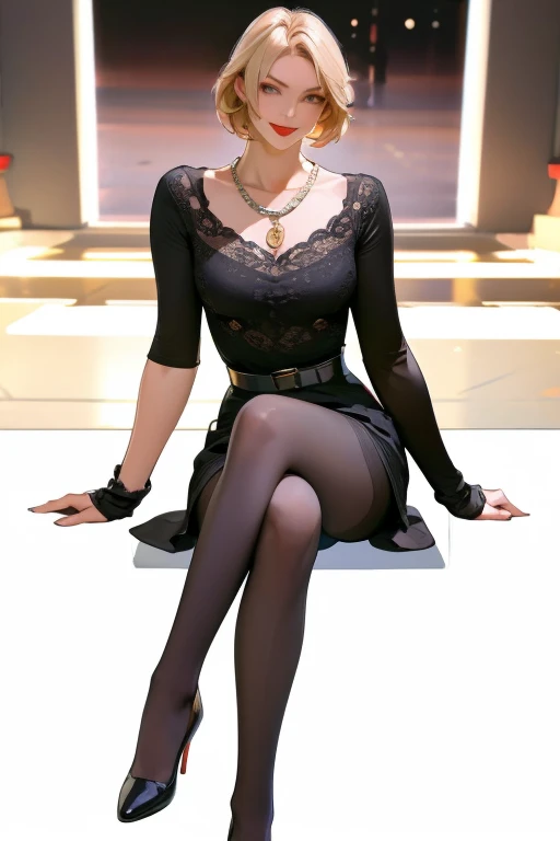 (sitting, crossed legs),(rule of thirds),((ultra realistic illustration:1.2)),Athletic blonde woman, (short hair), tomboy, cute, ((smile)), Red lipstick,necklace, black minidress, belt, high heels.Masterpiece, best quality,(highly detailed:1.2),(detailed face and eyes:1.2), 8k wallpaper, depth of field, natural lighting. core shadows, high contrast, bokeh. (black color, RealPantyhose)