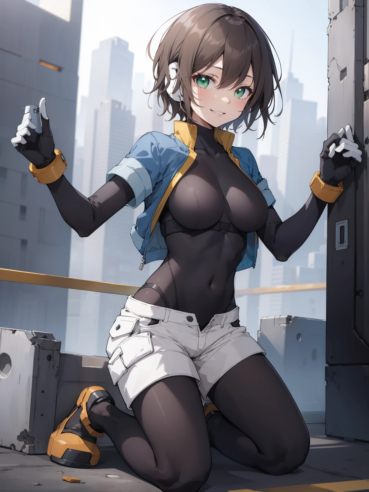 aile_megamanzx, kneeling with one hand on the ground and the other arm raised, 1girl, solo, short hair, brown hair, short sleeves, (bodysuit), robot ears, green eyes, short_shorts, short sleeves, short over long sleeves, smile, in futuristic city, , high quality, medium_breasts,crotch, slouch