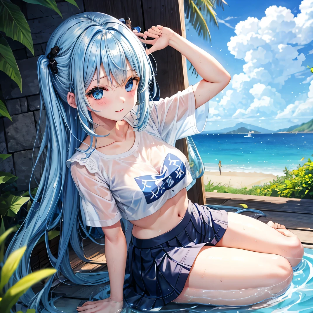 (NSFW:1.2), (8K, Raw photography, Top image quality, A masterpice: 1.4), super highly detailed, (Realstic, photorealestic: 1.48), 1girls, Solo Focus, type moon style, Kyoto Animation Style, short-length hair, (blue hairs:1.7), Blunt bangs, Hair Between Eyes, Clear eyes, side locks, White hair, Shiny hair, beautiful detailed cold face, Seductive smile, Angry, complex details beautiful and delicate eyes, Bare_Shoulders, Small_Breasts, Gray eyes, White skin, Hair Ornament, (((T-shirt))), swim ring, swimsuit, beautiful bare back, Sandals, Skindentation, collar bone, Bare_Legs, beach, Beautiful detailed sky, White sand, tree, very precise details, absurdist, Extremely detailed, 16k wallpaper,remrezero