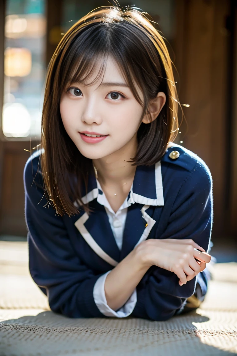 Arafed Asian woman in uniform lying on the floor, 超Realisticなhigh school girl, 超Realisticなhigh school girl, かわいいhigh school girl, Korean Girls, Strike a Pose, Japanese Model, Realistic , high school girl, Jaeyoung Nam, Attractive pose, Realistic Young Gravure Idol, Wearing a Japanese uniform, Japanese Girls 