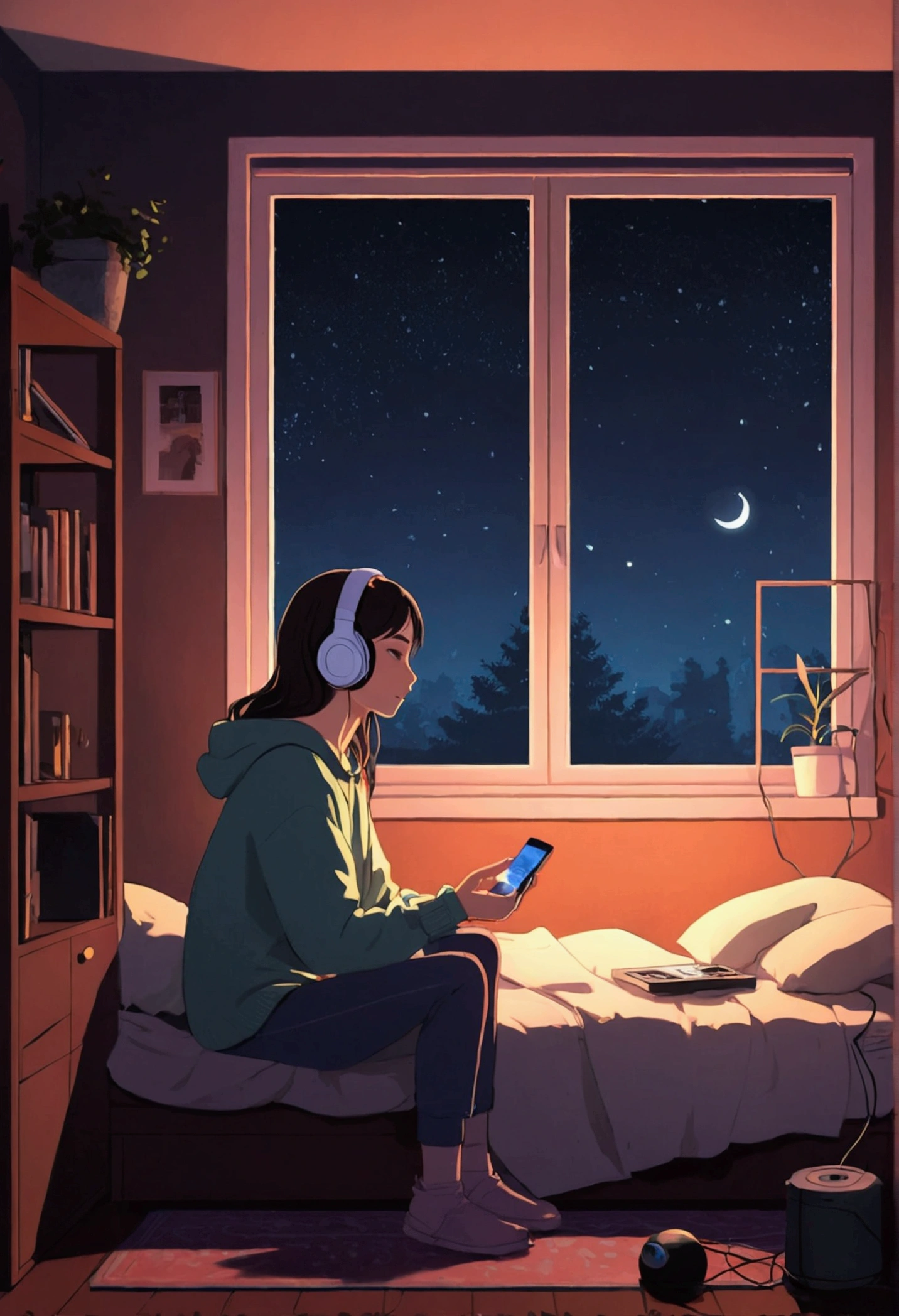 night、Girl listening to music in a cozy room, Using headphones, 2D-style animation, Lo-Fi, hard disk, Dark Environment