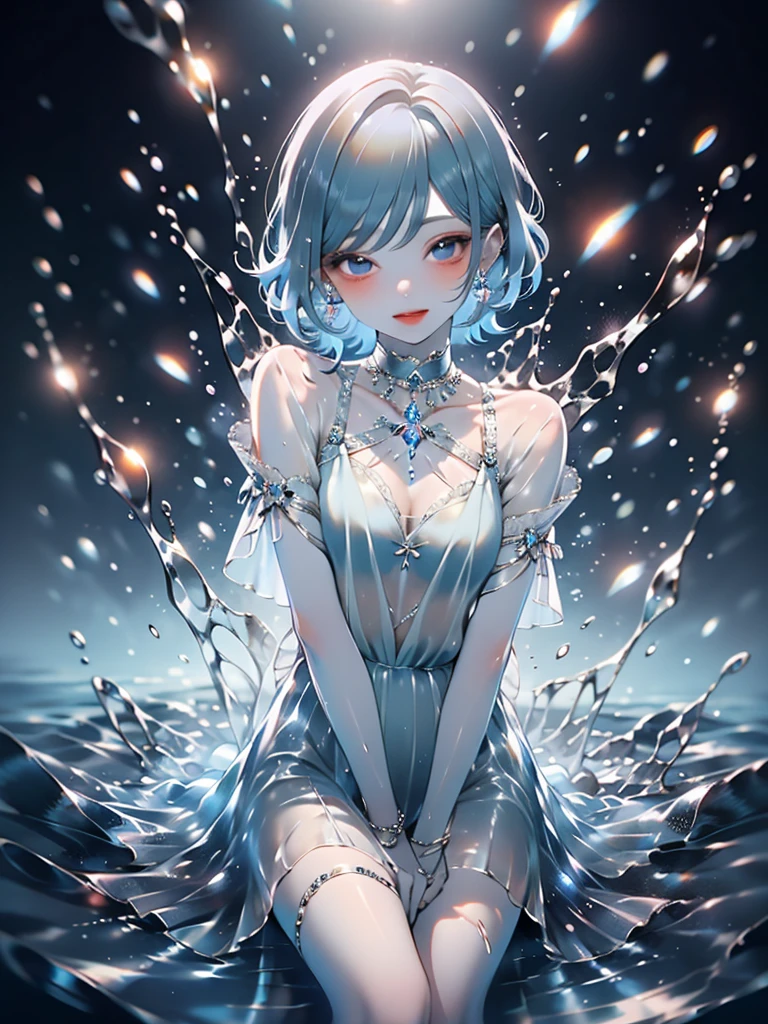 (fluid art),(master piece),(8k anime),high quality,(perfect anatomy),(small breasts),(1 beautiful girl),(solo),(silky white hair),pale skin,smile,beautiful detailed blue eyes, (Highly detailed elegant),(see-through dress),((transparent dress)),((transparent skirt)),(wet dress), Magical colors and atmosphere, Detailed skin,(cute sparkle), light particles,The background is soft and blurry,Add a dramatic and symbolic element to your scene, Depth of written boundary, Bokeh, Silky to the touch, Hyper Detail,girl is sitting on the water,beautiful blue water,create an ethereal atmosphere like a dream,film lighting,cowboy shot