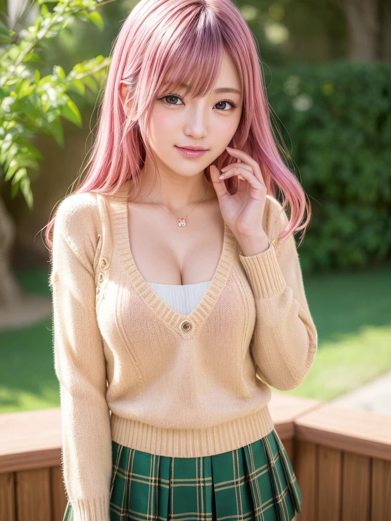 ph momo, momohd, phmomo, solo, 1girl,  pink hair, purple eyes, short hair, hair flower, sweater vest, ,(yellow sweater:1.2), big eyes, plaid skirt, black thighhighs, (masterpiece:1.6, best quality),  (finely detailed beautiful eyes: 1.2), ultra-detailed, illustration,beautiful detailed eyes, (yandere:1.4), (empty eyes),  backlighting, looking at viewer, blush, smile, (masterpiece, finely detailed beautiful eyes: 1.2), detailed eyes, hyper detailed,light smile, highly detailed, beautiful, small details, ultra detailed, best quality, intricate, hyperrealism, sharp, digital illustration, detailed, realism, intricate, 4k, 8k, trending on artstation, good anatomy, beautiful lighting, award-winning, photorealistic, realistic shadows, realistic lighting, beautiful lighting, raytracing, intricate details, moody, rule of thirds, masterpiece, (illustration:1.1), highres, (extremely detailed CG, unity, 8k wallpaper:1.1), beautiful face, highly detailed face, ultra realistic, masterpiece, bokeh, pink hair,extremely detailed, intricate, zoomout, colorful, vibrant colors, red nail polish, side view,standing,whole body,green skirt, plaid, plaid skirt, sainan high , , skirt, sweater vest,