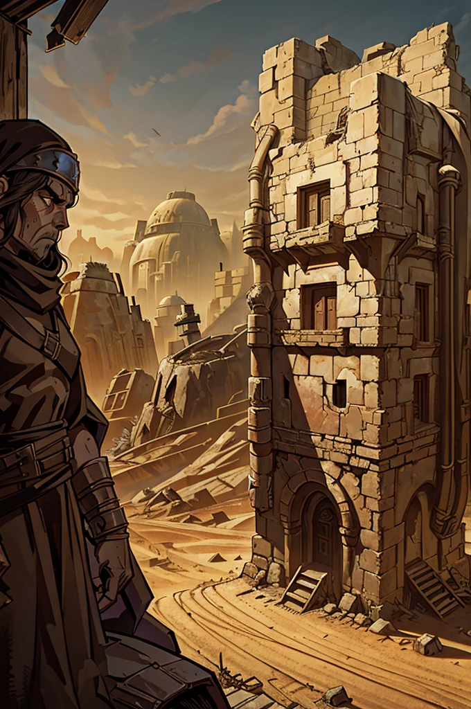 A dwarf runner in heavy desert attire, with a reinforced cloak and a complex breathing apparatus that filters the dusty air. The dwarf surveys a barren, post-apocalyptic landscape from a shattered city wall, where the remains of ancient machinery and fallen towers lie in twisted heaps, slowly being reclaimed by the desert. The sun hangs low, casting long shadows over the desolate ruins.