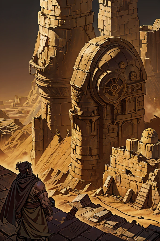 A dwarf runner in heavy desert attire, with a reinforced cloak and a complex breathing apparatus that filters the dusty air. The dwarf surveys a barren, post-apocalyptic landscape from a shattered city wall, where the remains of ancient machinery and fallen towers lie in twisted heaps, slowly being reclaimed by the desert. The sun hangs low, casting long shadows over the desolate ruins.