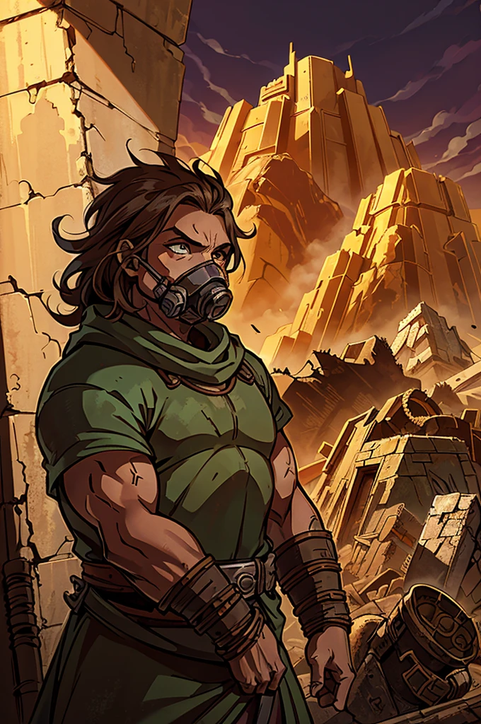 A dwarf runner in heavy desert attire, with a reinforced cloak and a complex breathing apparatus that filters the dusty air. The dwarf surveys a barren, post-apocalyptic landscape from a shattered city wall, where the remains of ancient machinery and fallen towers lie in twisted heaps, slowly being reclaimed by the desert. The sun hangs low, casting long shadows over the desolate ruins.