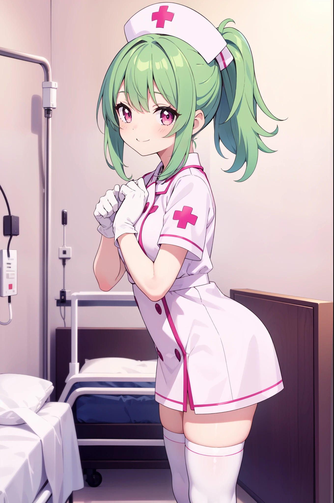 1girl, solo, nurse, nurse cap, white nurse uniform, ((white legwear, zettai ryouiki)), white gloves, ponytail, green hair, pink eyes, smile, standing, ((hospital room)), sharp outline, short sleeves, best quality, masterpiece