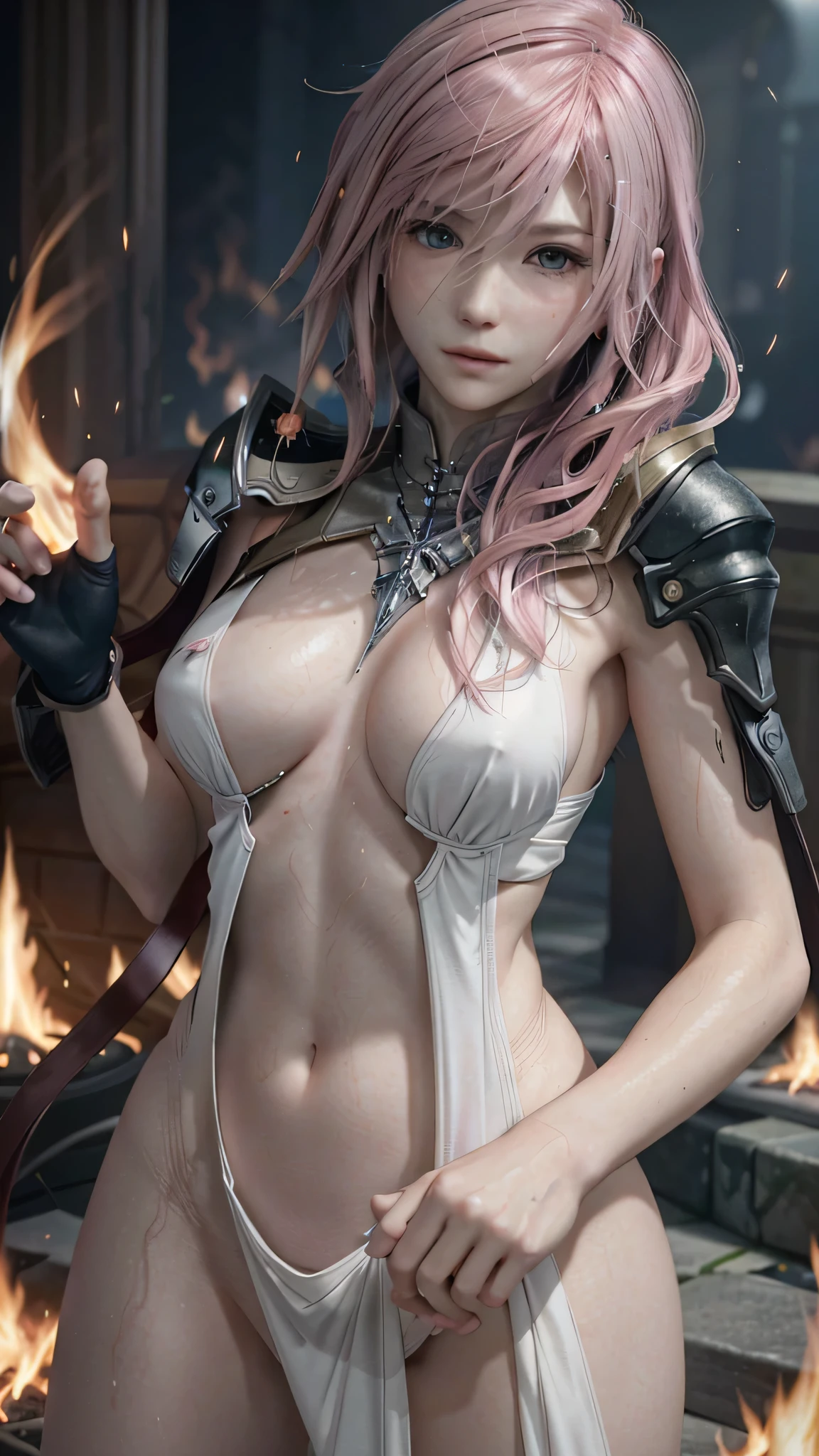 (masterpiece, Highest quality:1.3)
Lightning FF13, 1 girl, alone, Long Hair, Pink Hair、Completely naked、All Nude、Burned by flames、A sea of fire all around、On all fours、Sweat all over the body、Sweat in the body、View your viewers、Big y hair is messy、smile、pubic hair