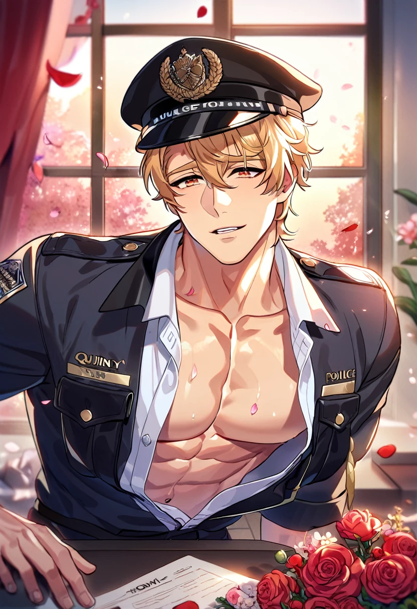 absurdres, highres, ultra detailed, HDR, master piece, best quality, Quincy, blonde hair, expressive amber eyes, Nu Carnival, solo, sexy man, handsome, horny, lewd, black police officer clothes, unbuttoned shirt, black hat, fantasy, police station, window, petals, flowers, room, red curtains