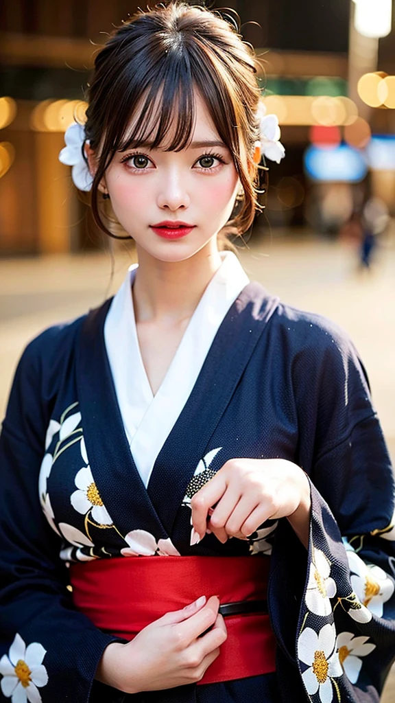 (8k, RAW photo, best quality, masterpiece:1.2), (realistic, photo-realistic:1.37), best quality, ultra high res, photon mapping, radiosity, physically-based rendering,bblurry, blurry_foreground, depth_of_field, blurry_background, photo_\(medium\), motion_blur,1girl, (full body),long legs,thin legs,Long hair, bangs,(see through bangs), hair_ornament, lips, hairclip, solo, blue_eyes, ,soft,kimono, yukata, japanese clothes, ponytail, hair bow, street,, large breasts, red lips,