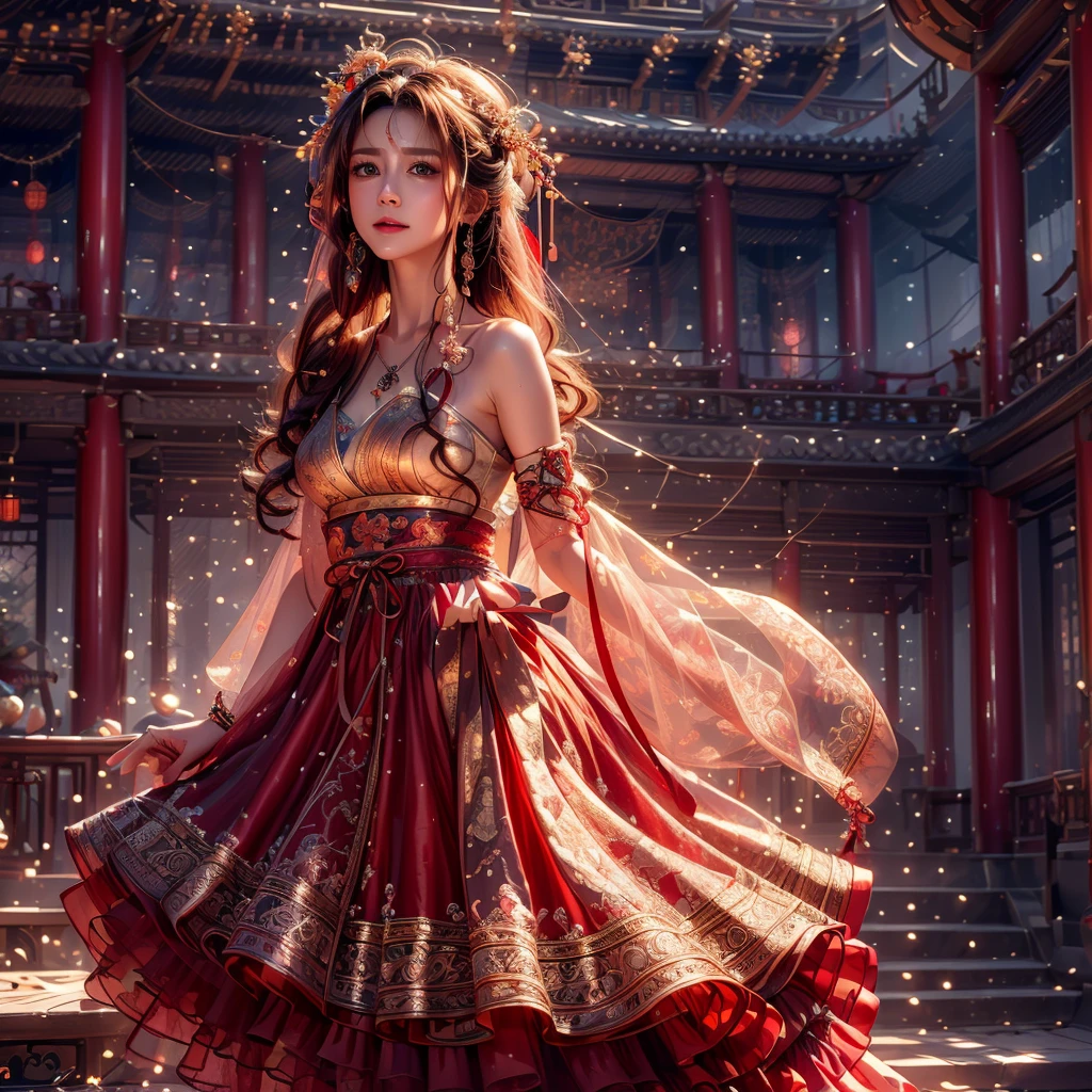 (photorealistic:1.4),Keep your eyes on the camera,Smile, ultra detailed, beautiful and aesthetic, masterpiece, best quality,lifelike rendering,Bokeh posture model, Unreal,(portrait of a cowboy shot:1), flamboyance, 1girl, see-through , upskirt,minghun, ( stochastic pose,stochastic action),tyndall effect, perfect lighting,detailed lighting,dramatic shadows, glowing, long hair, Around,hanfu, perfect ratio,hime cut,luxury, jewelry,ornate, bracelet, hairpin,embroidery,