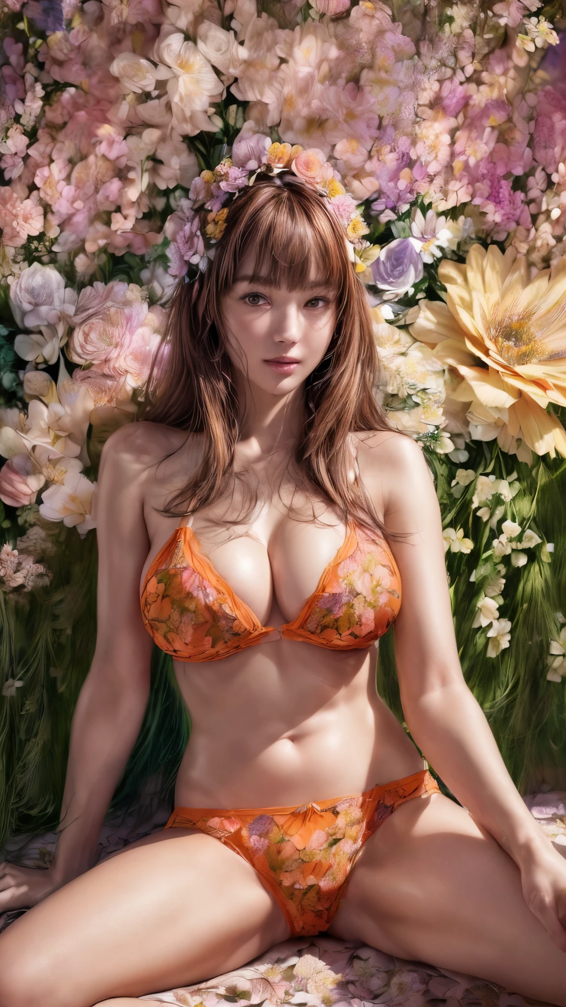 (Spread your legs)、Bite、(((Big Breasts)))、((Orange print underwear))、(((masterpiece, Highest quality)), 1 girl, (Realistic: 1.4), alone, Orange background, Light brown hair, ((blunt bangs))、hime_cut、Medium Hair,smile、 ((whole body)), Very beautiful woman、Slender women、(Detailed face)、Realistic Skin、((Delicate photo)),(Girl Masterpiece RAW Photo Details:1.25), (Highest quality:1.6), (Ultra-high resolution:1.5), (Realistic:1.75),8k resolution, ,50mm,Absurd, Ultra-detailed,Cinema Lighting、((((Lots of flowers))))、(((Lots of flower art)))、Artwork、art、