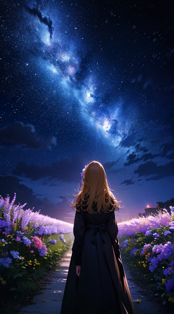 1people々々々々々,Blonde long-haired woman,Long coat, Dress Silhouette, Rear View,Space Sky, Flower Field,Colorful flowers