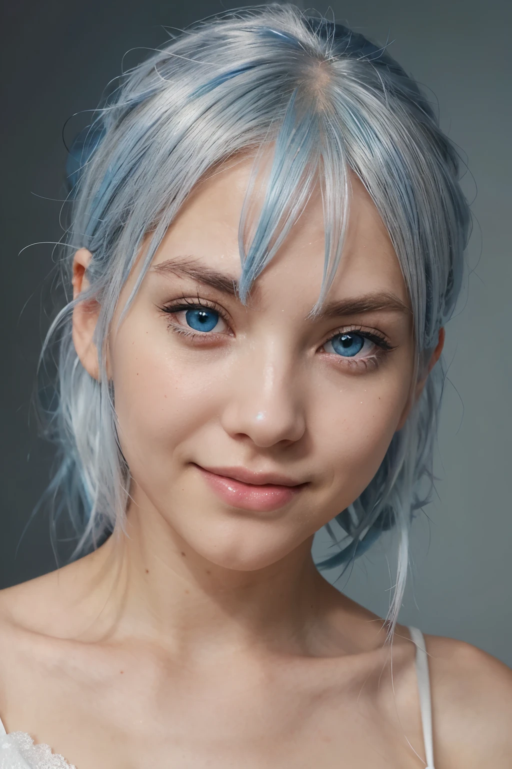 Anime image of a woman with silver-white hair with light blue tips, a little bit of blue, and bangs. Big, sparkling blue eyes, long eyelashes, thin, light brown eyebrows. Small, slender nose The mouth is a faint red. Cheeks pink and red The face is quite slender, smiling, wearing a white dress, facing straight, the face is smooth and wrinkle-free. Mole under right eye