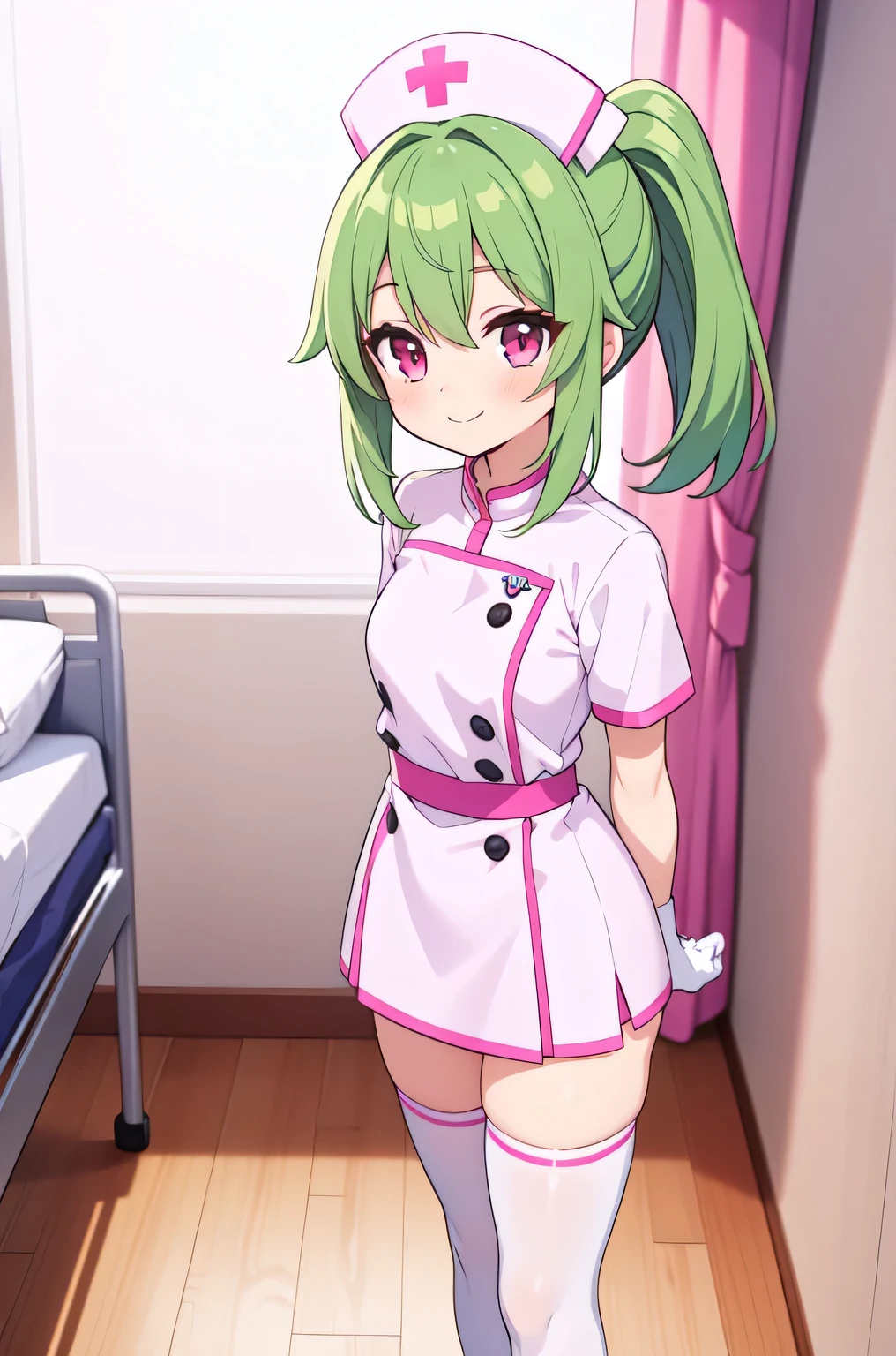 1girl, solo, nurse, nurse cap, white nurse uniform, ((white legwear, zettai ryouiki)), white gloves, ponytail, green hair, pink eyes, smile, standing, ((hospital room)), sharp outline, short sleeves, best quality, masterpiece