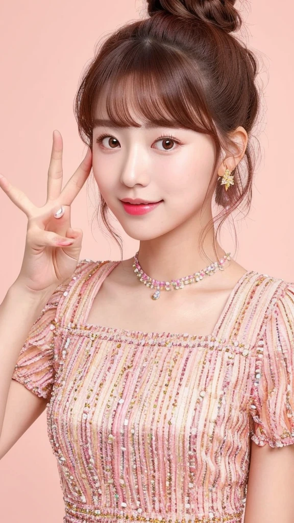 Highest quality, masterpiece, Generate a portrait of a young girl with her hair styled in two high buns adorned with pink strawberry hair clips. She has a fair complexion, straight bangs, and a friendly, cheerful expression. Her makeup is minimal, highlighting her natural beauty. The girl is making a peace sign with her right hand and is wearing a peach-colored top with a beaded neckline. The background should be simple, keeping the focus on her playful and cute appearance