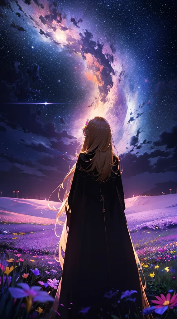 １people々々々々々,Blonde long-haired woman，Long coat， Dress Silhouette， Rear View，Space Sky, Flower Field，Colorful flowers