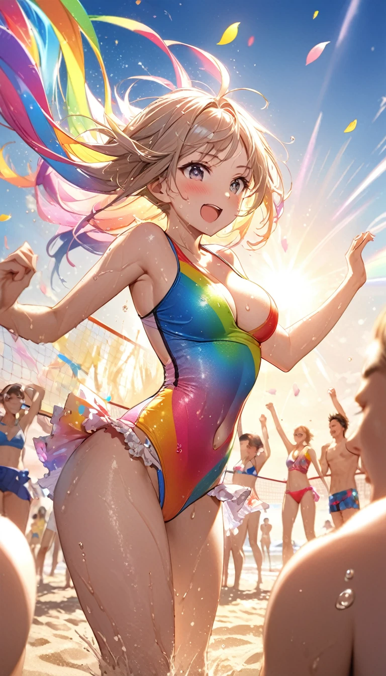 (Sports magazine cover photo), Highest quality, Great quality, 16K, Unbelievably absurd, Very detailed, delicate and dynamic, Natural light, Particles reflect light, Diffuse reflection of light, Many rainbow-colored petals fall, Beautiful sandy beach, Shining Sun, Diffuse reflection of light, Create amazing image effects, , Wet, sweating, Beach Volleyball, receive, close(Cute sexy girl, A large, swaying bust, Sensual expression, Cool girl, Severe, passion, dynamic, Flashy swimsuit, ,audience , much-air-laden cheer)
